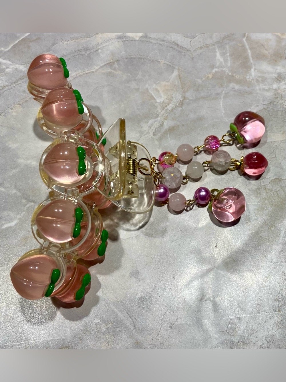 Pink Peach Charm Beaded Hair Claw with Dangle Accents